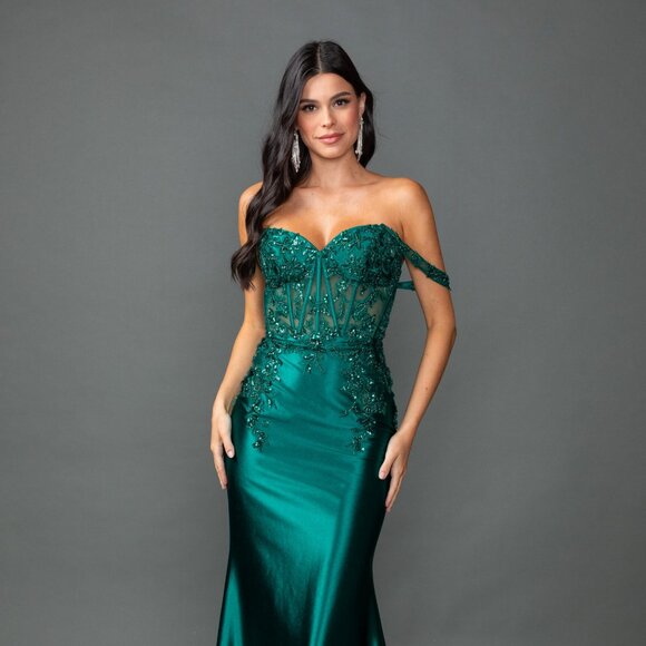 New Off Shoulder Maxi Prom Gown w/ Floral Lace Over Sheer Boned Bodice DQ 4540 - Picture 1 of 8